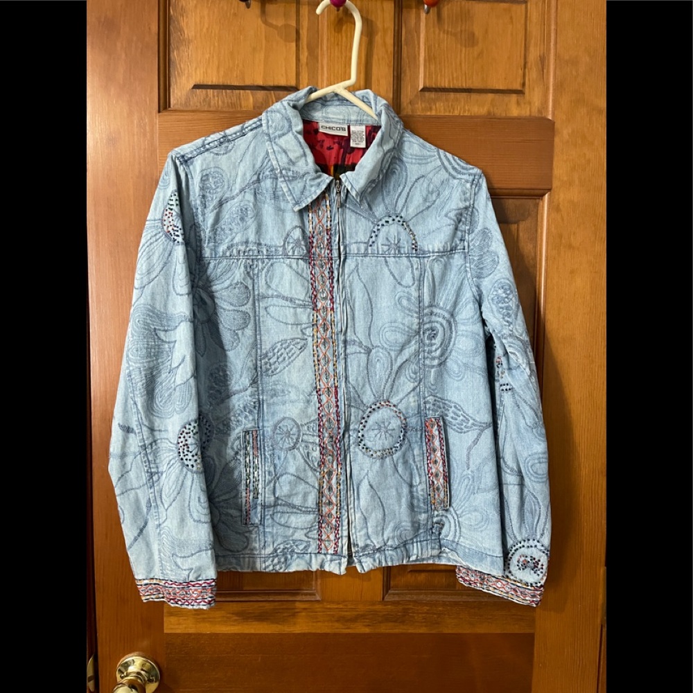 Chicos Embroidered Denim Jean Jacket 90s Embroidered Size 1